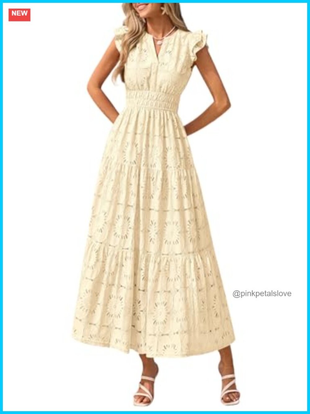 Boho Maxi Dress Flutter Sleeve V-Neck Floral Lace Eyelet Tiered Fit & Flare - Picture 1 of 6